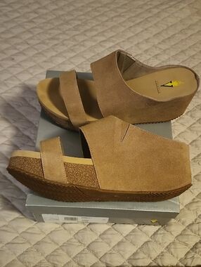 Volatile Tan Suede Platform Slide Wedges